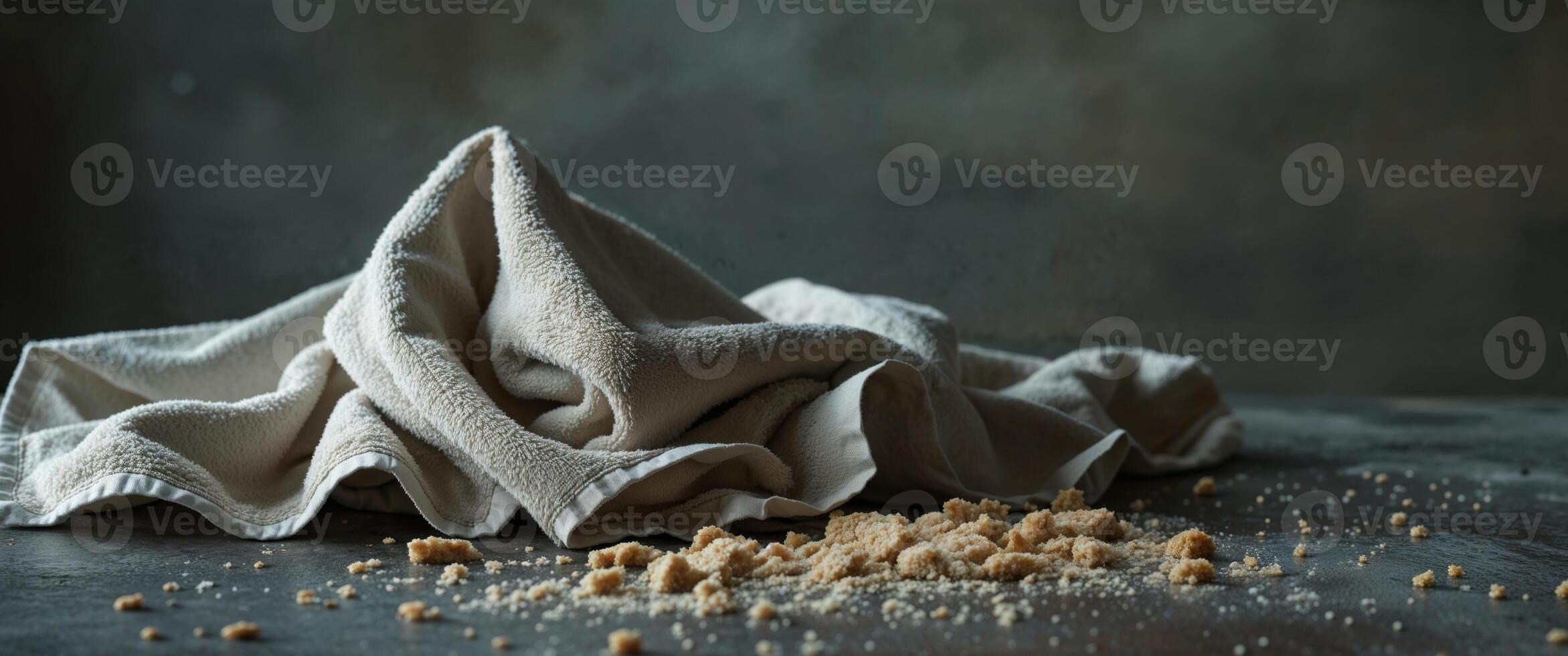 A pan of bread crumbs with a towel on the counter. photo