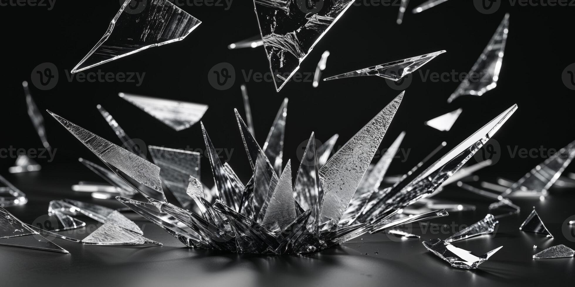 Many shards of glass are exploding on a black background photo