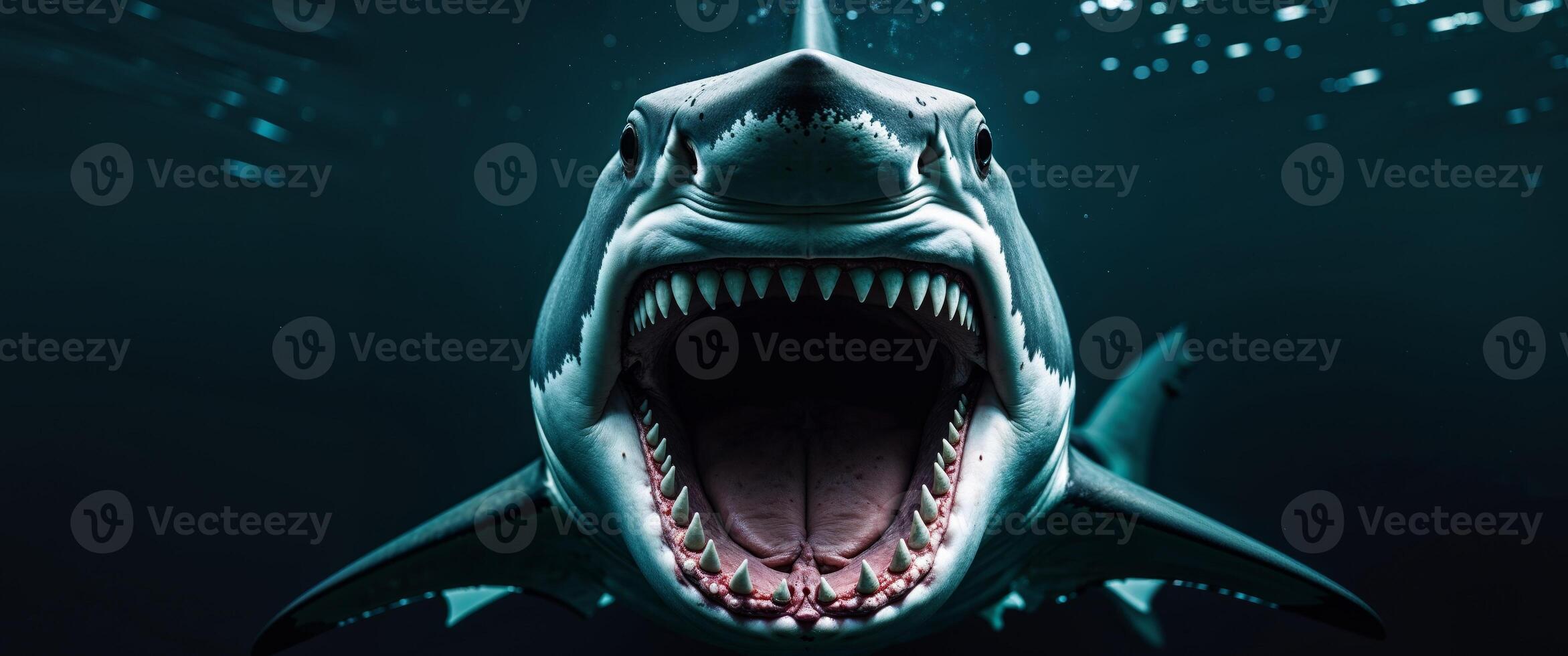 Shark swims through dark waters with mouth wide open showcasing powerful teeth and fierce presence. photo