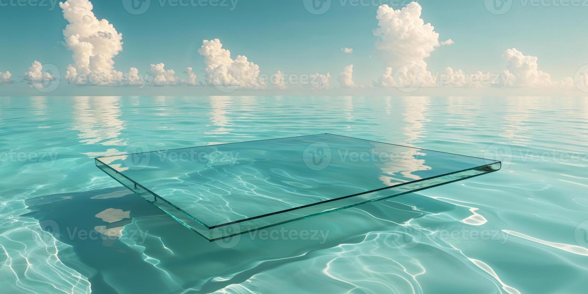 A glass table floating in the ocean with clouds in the background photo