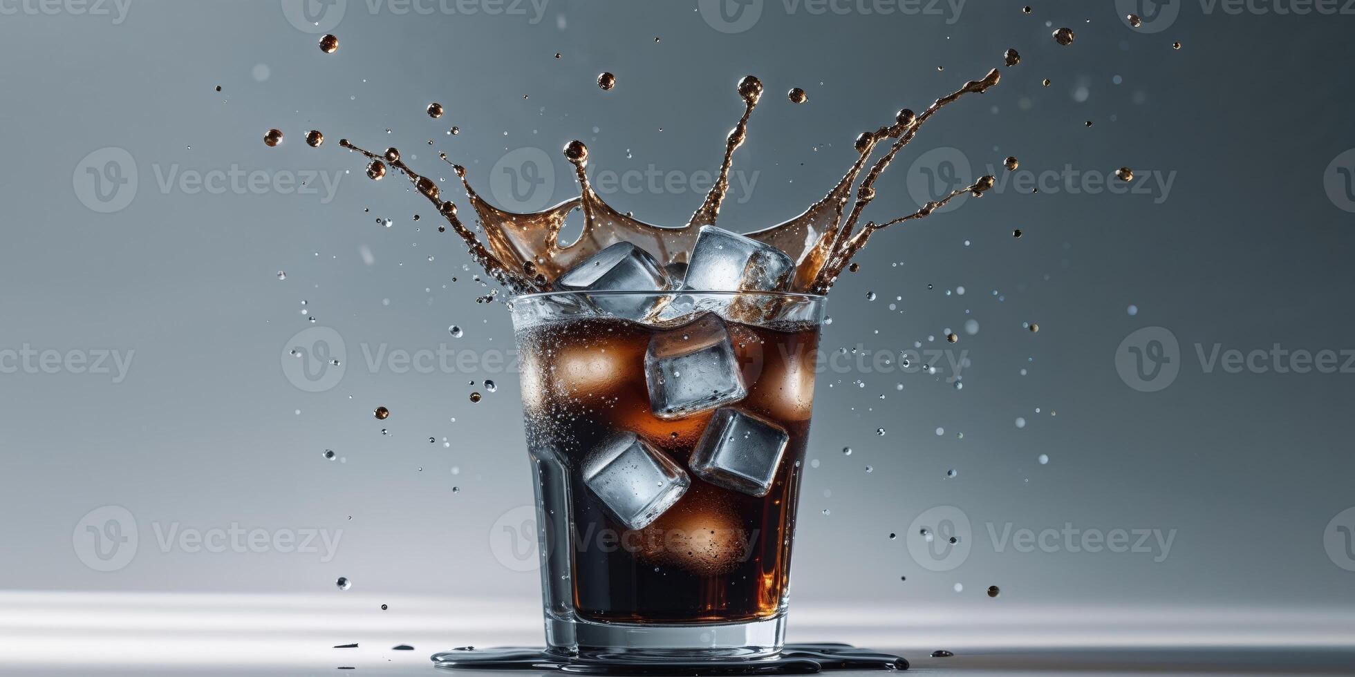 Refreshing beverage creation with dynamic splash of cola and ice cubes photo