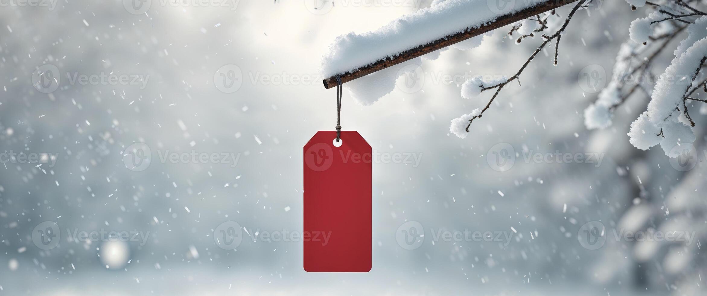 Red tag hangs outdoors in a snowy winter scene. photo