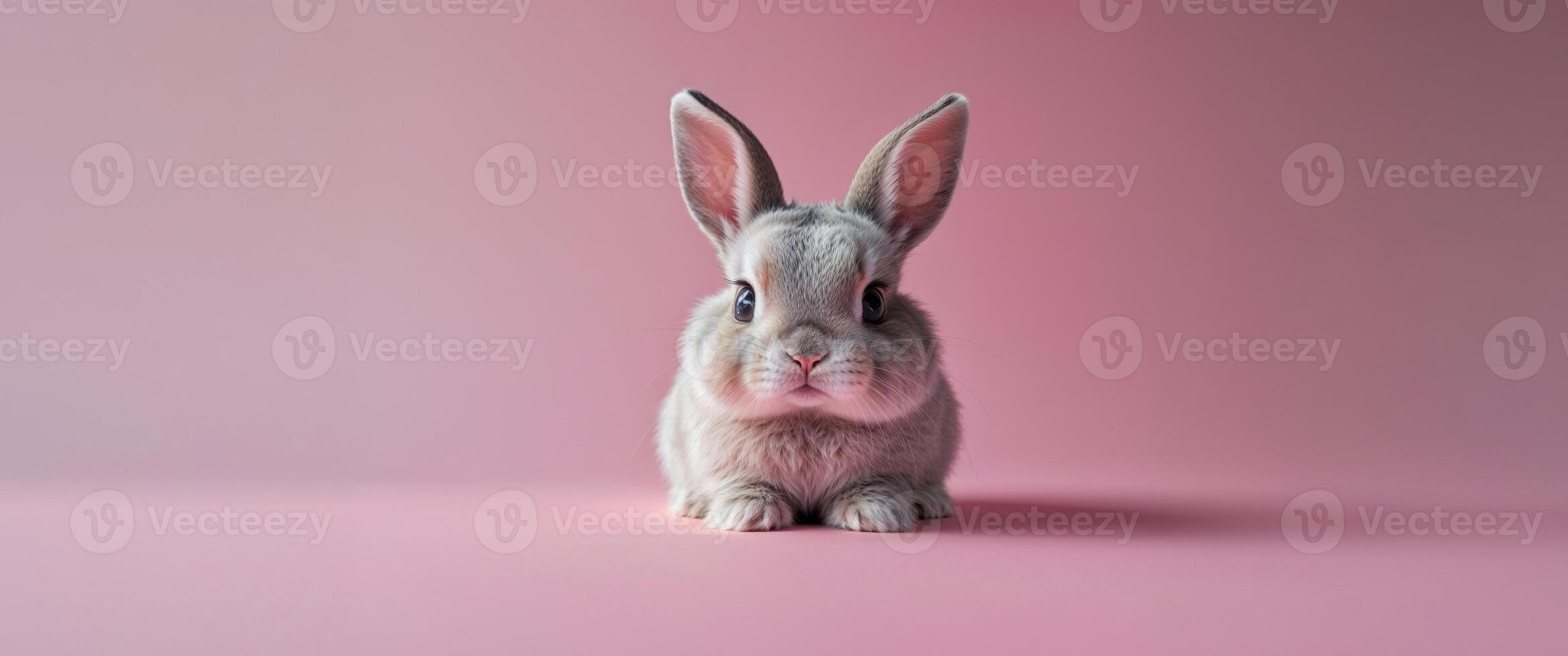 A small gray rabbit sitting on a pink background photo