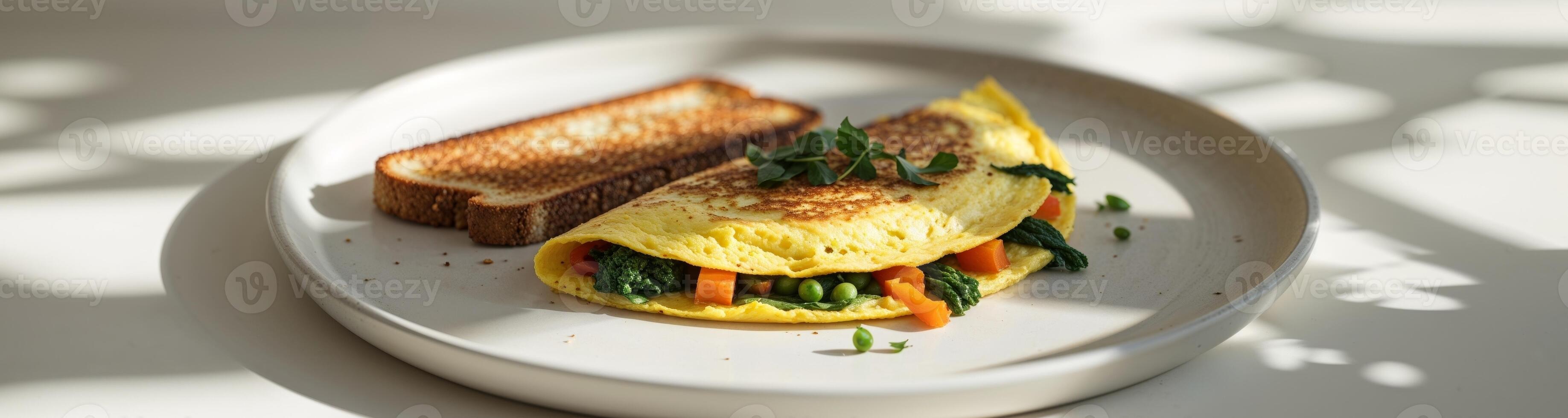 An omelet with vegetables and toast on a plate photo