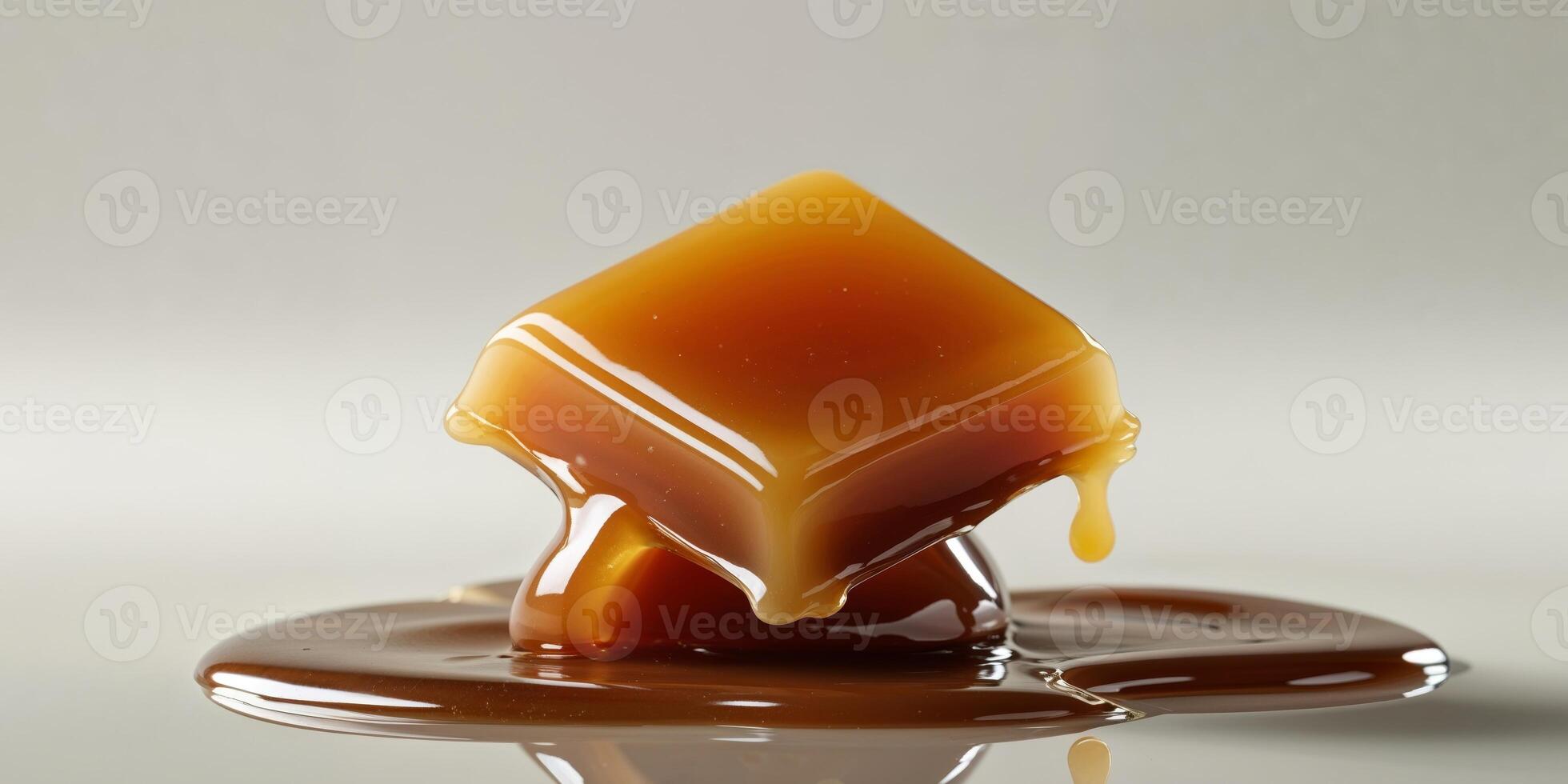 A caramel cube sitting on top of a liquid photo