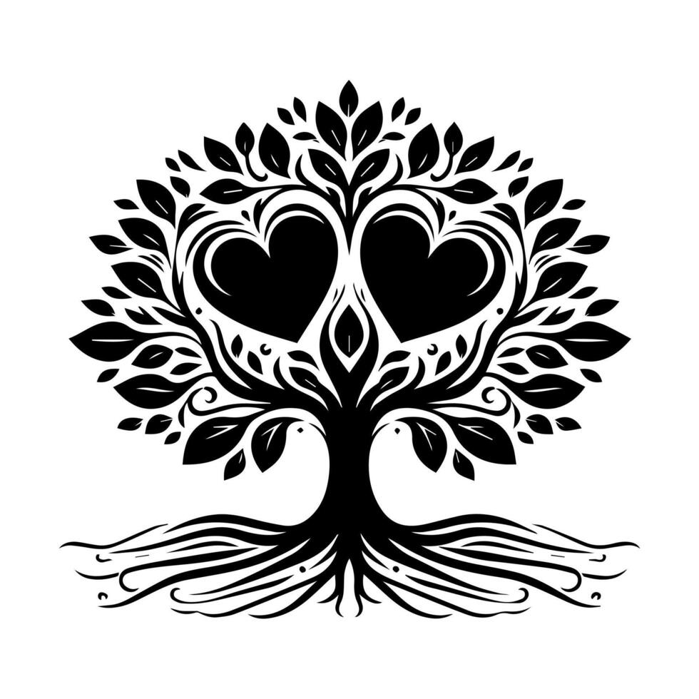 A black and white tree with two hearts in the middle vector