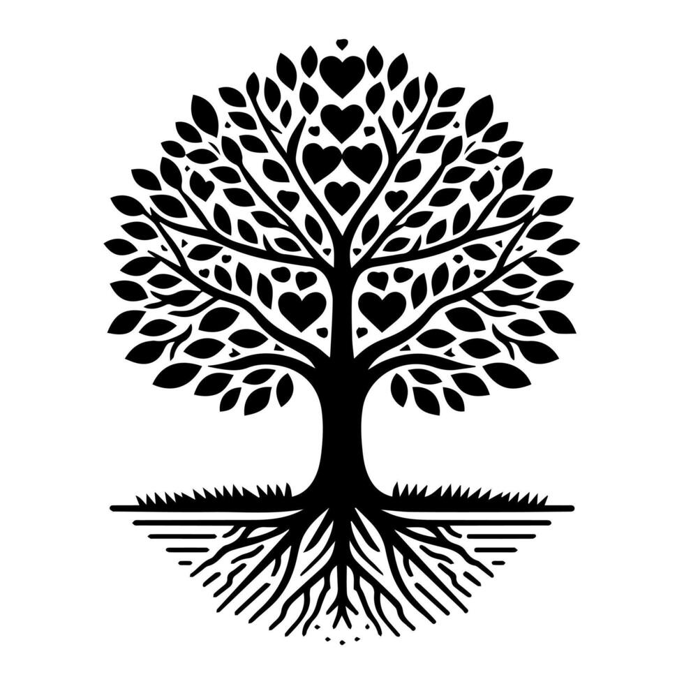 A black and white tree with roots and hearts vector