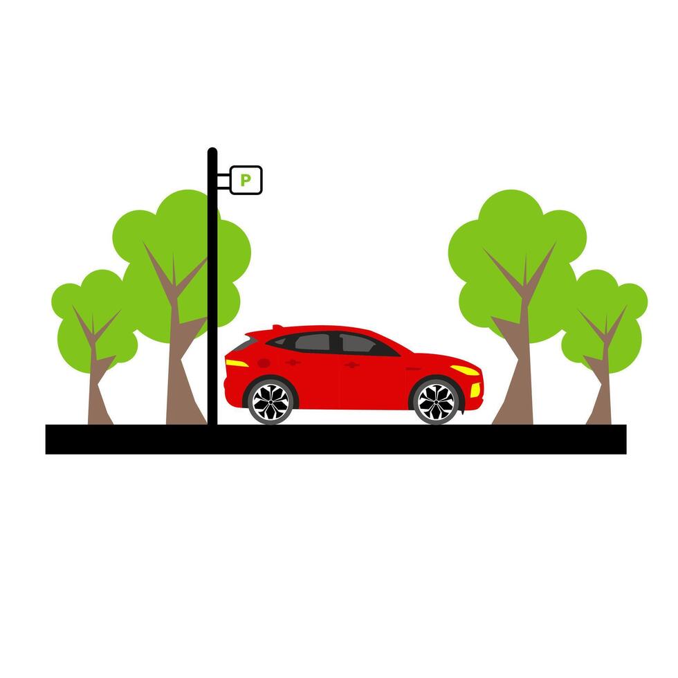 A red car is parked under a street light vector