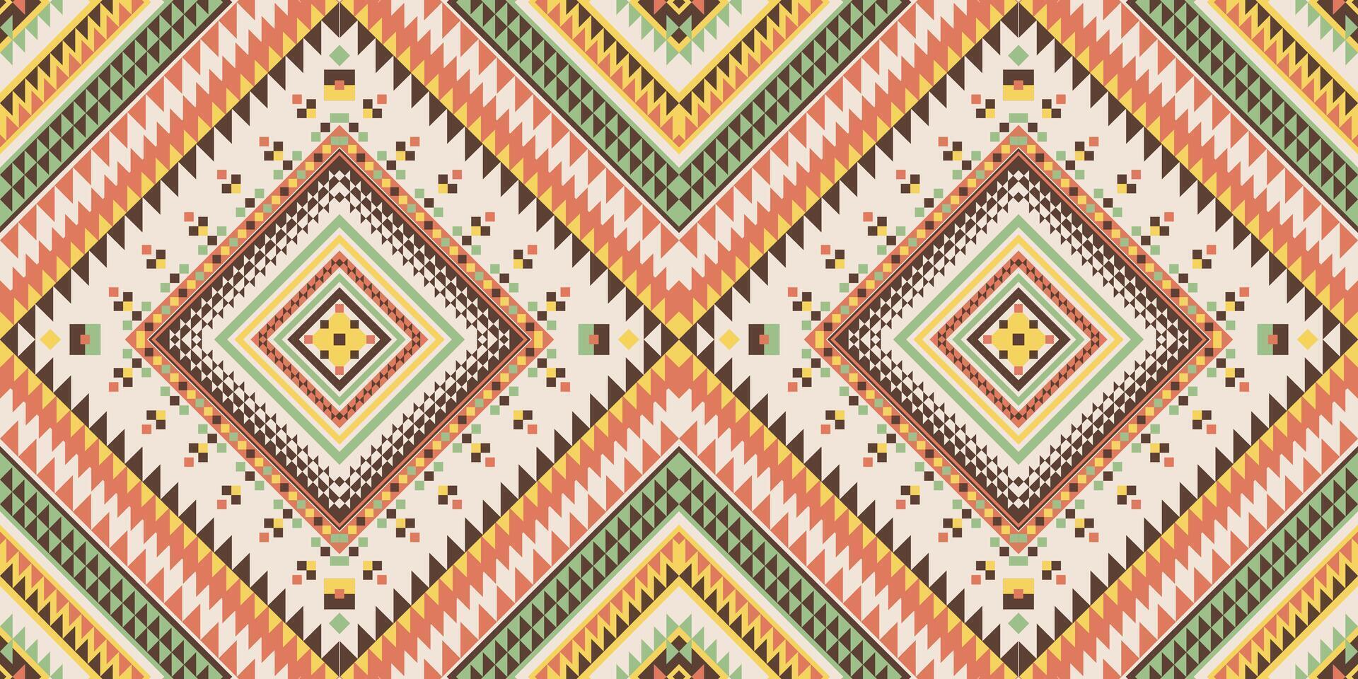 Native inspired seamless pattern with intricate diamond motifs in cream, coral, green and brown. Traditional geometric elements create an authentic ethnic design perfect for textiles and decor. vector
