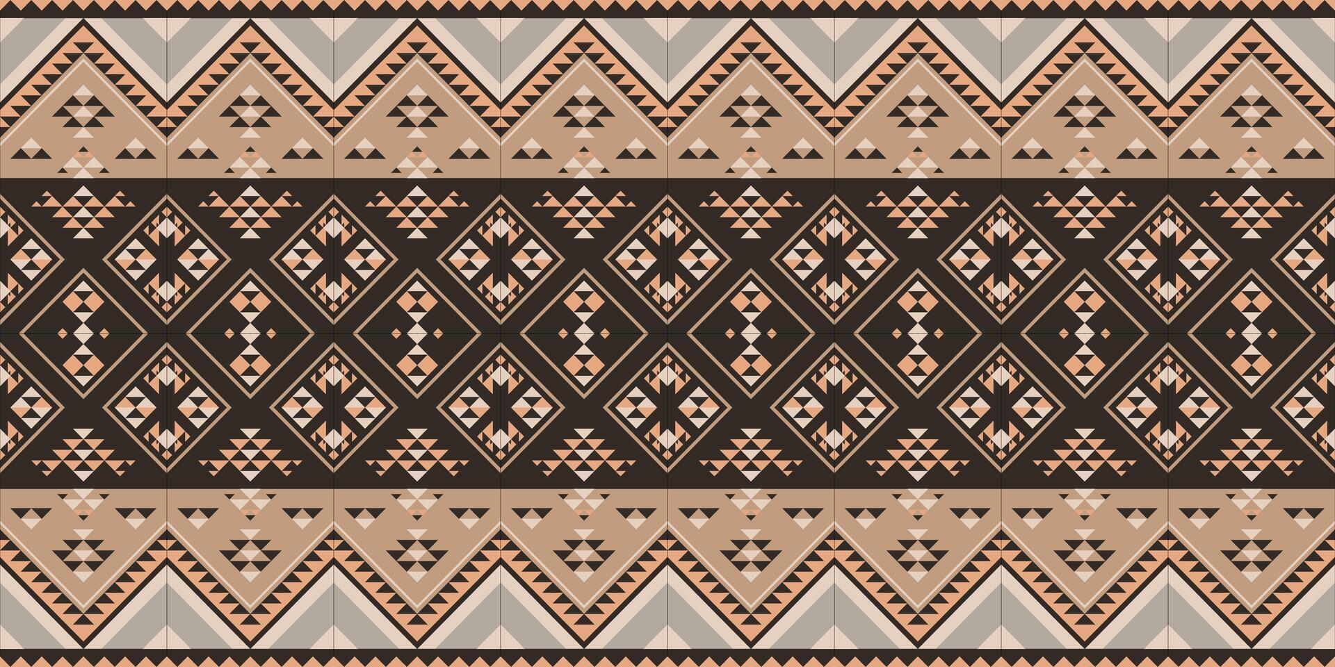 Seamless tribal pattern with geometric diamond motifs in neutral tones. Dark brown beige and peach create elegant horizontal bands. Perfect for modern minimal decor and textiles. vector