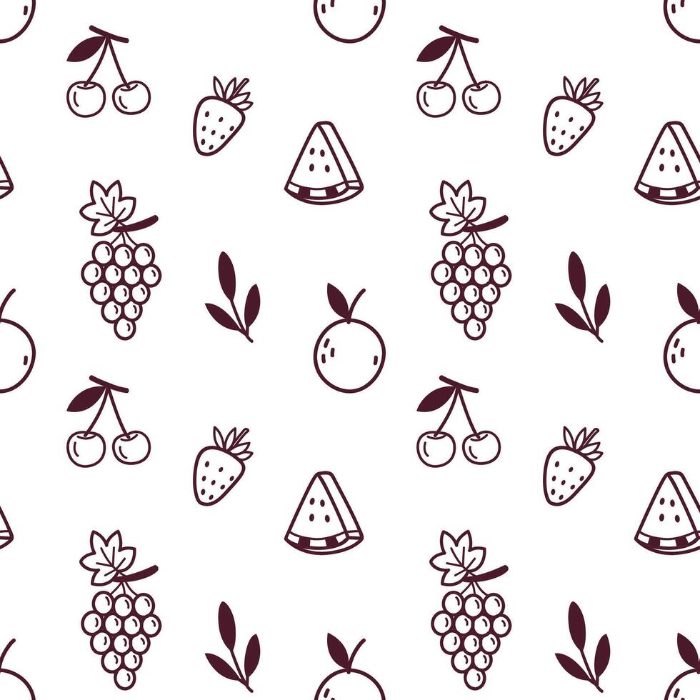 Seamless Doodle Fruit Pattern with Berries, Grapes, Orange and Watermelon vector