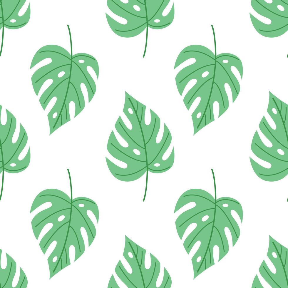 Seamless pattern with flat green monstera leaves. Ideal for textile prints, eco packaging, and summer backgrounds. Clean, tropical and modern look. vector