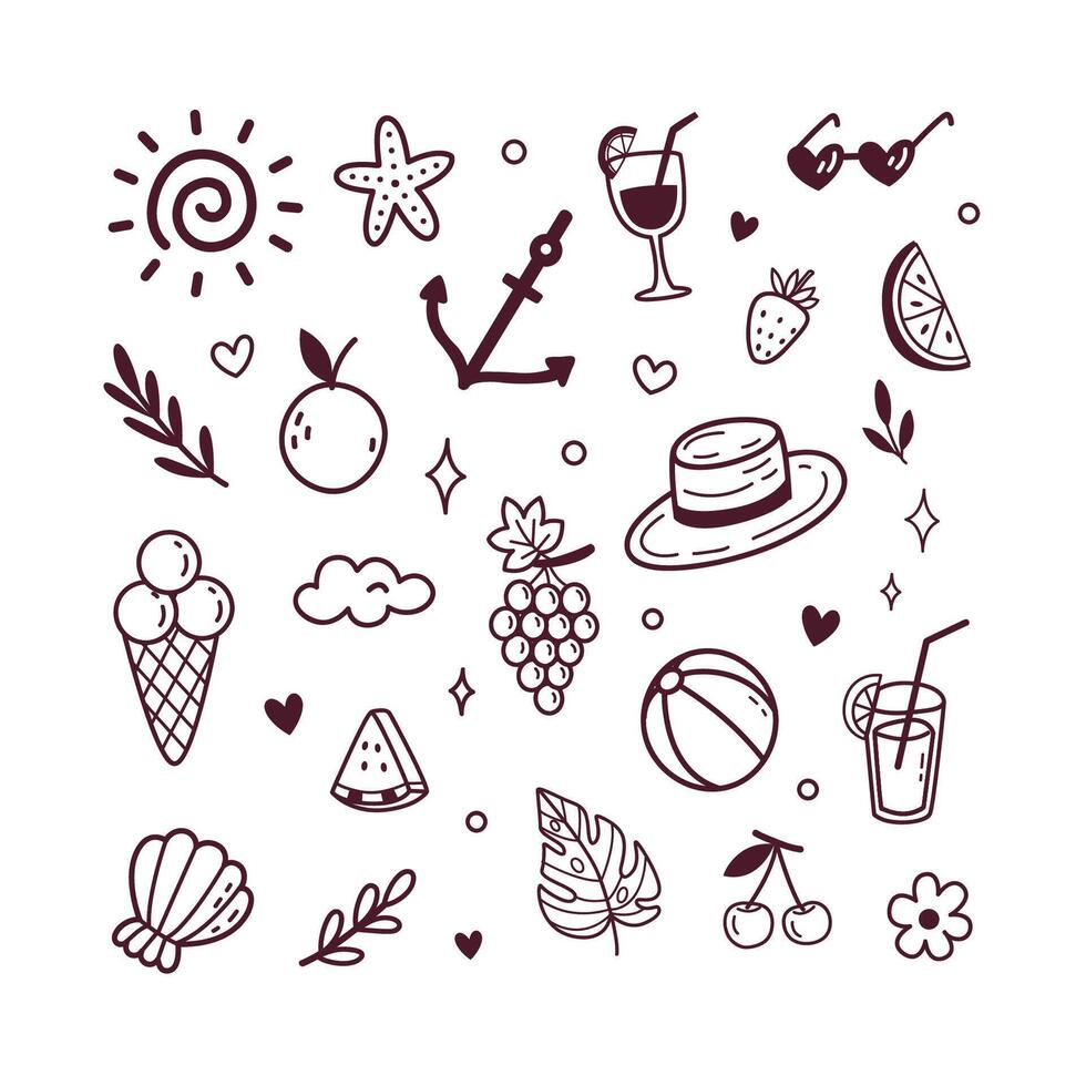 summer doodle set with fruits, drinks, beach elements in drawn style. Includes fruits, cocktails, beach icons, and tropical elements. vector