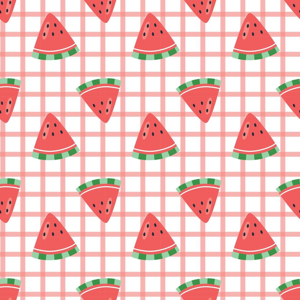Seamless watermelon pattern with gingham background in cute hand drawn style vector