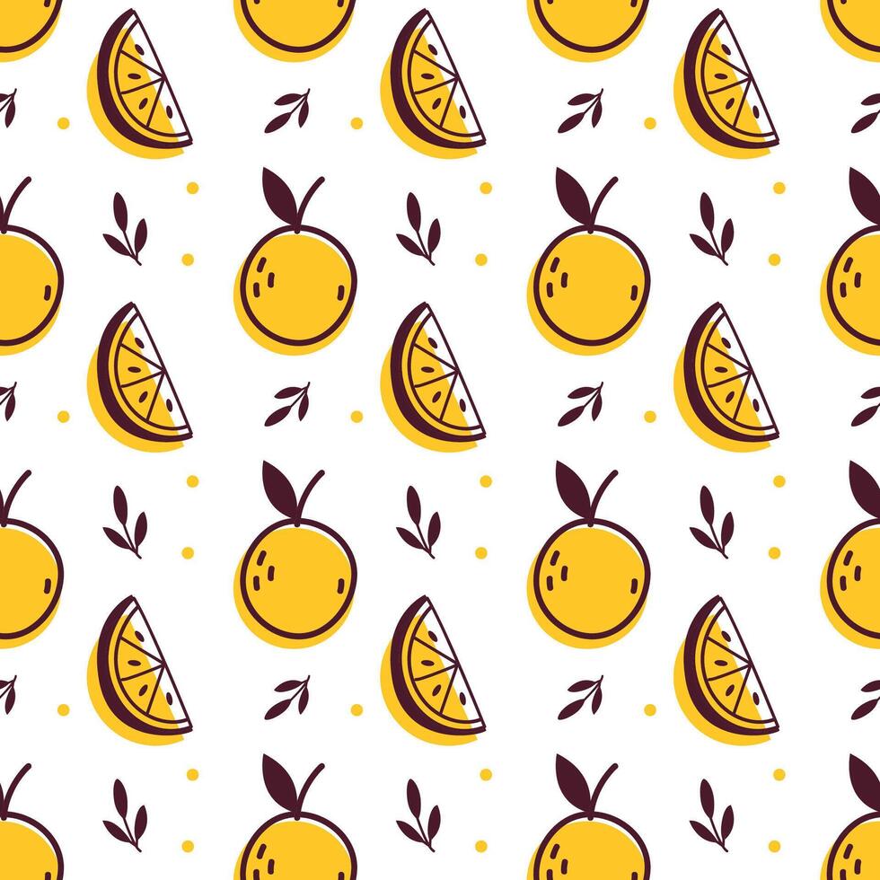 seamless pattern with whole oranges and slices in doodle flat style. Fun and fresh citrus design in doodle style. Great for packaging, fabric, and summer projects. vector