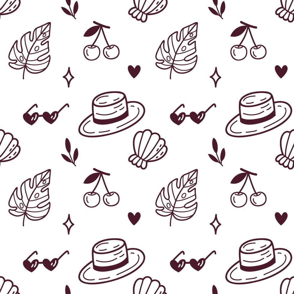 Summer Seamless Pattern with Hats, Cherries, Leaves and Sunglasses in Doodle Style vector