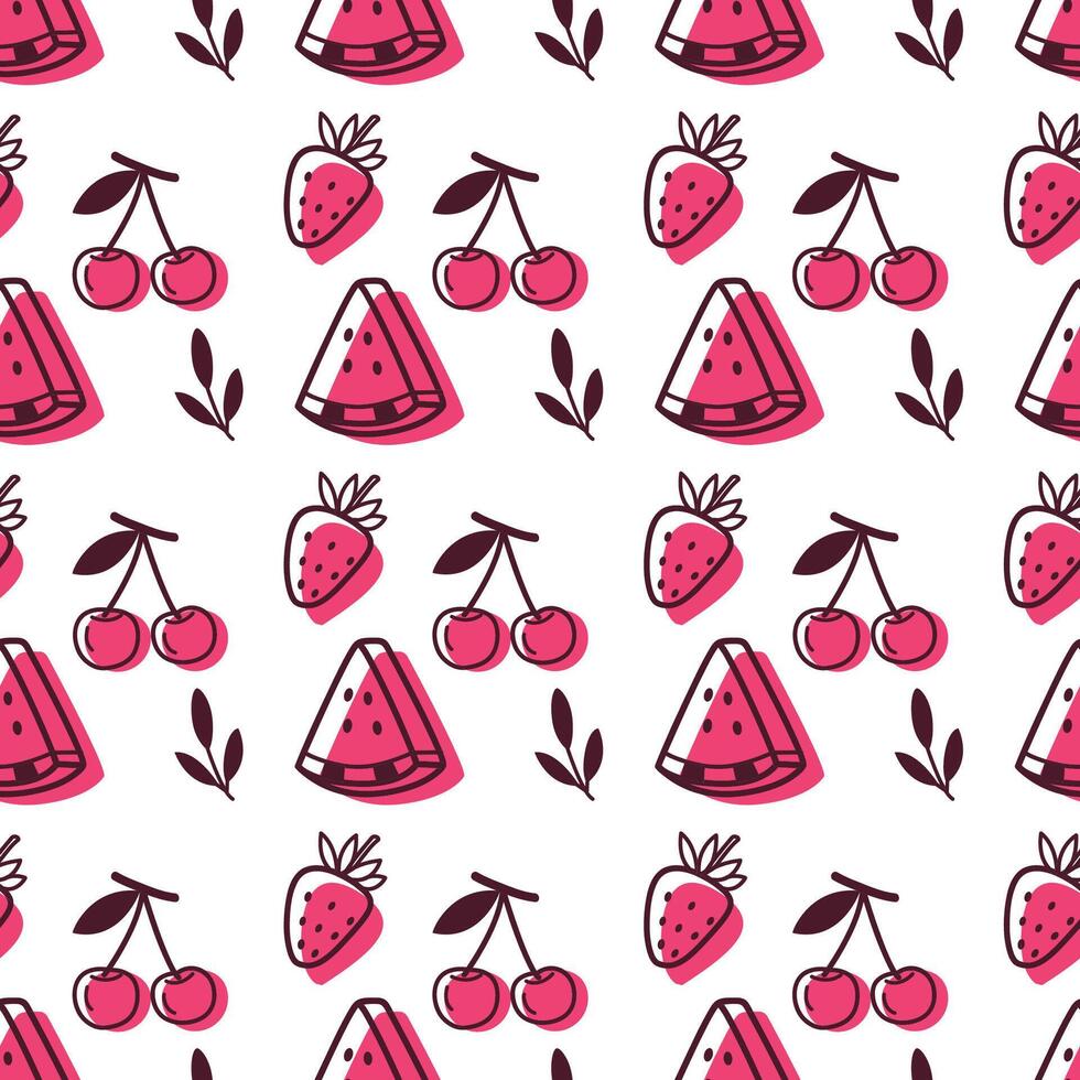 seamless fruit pattern with watermelon, strawberry and cherry. Fun and fruity design in flat doodle style. Perfect for summer, kids, and textile prints. vector