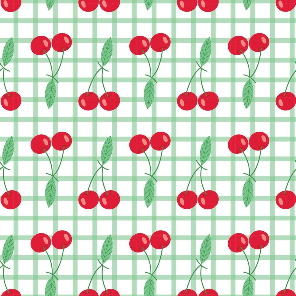Seamless cherry pattern with green checkered background in hand drawn cute style vector