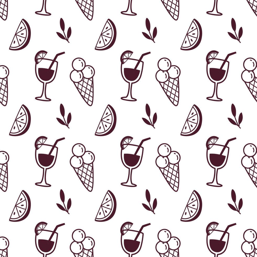 Seamless Summer Pattern with Ice Cream, Citrus Slices and Cocktails in Monochrome Doodle Style vector
