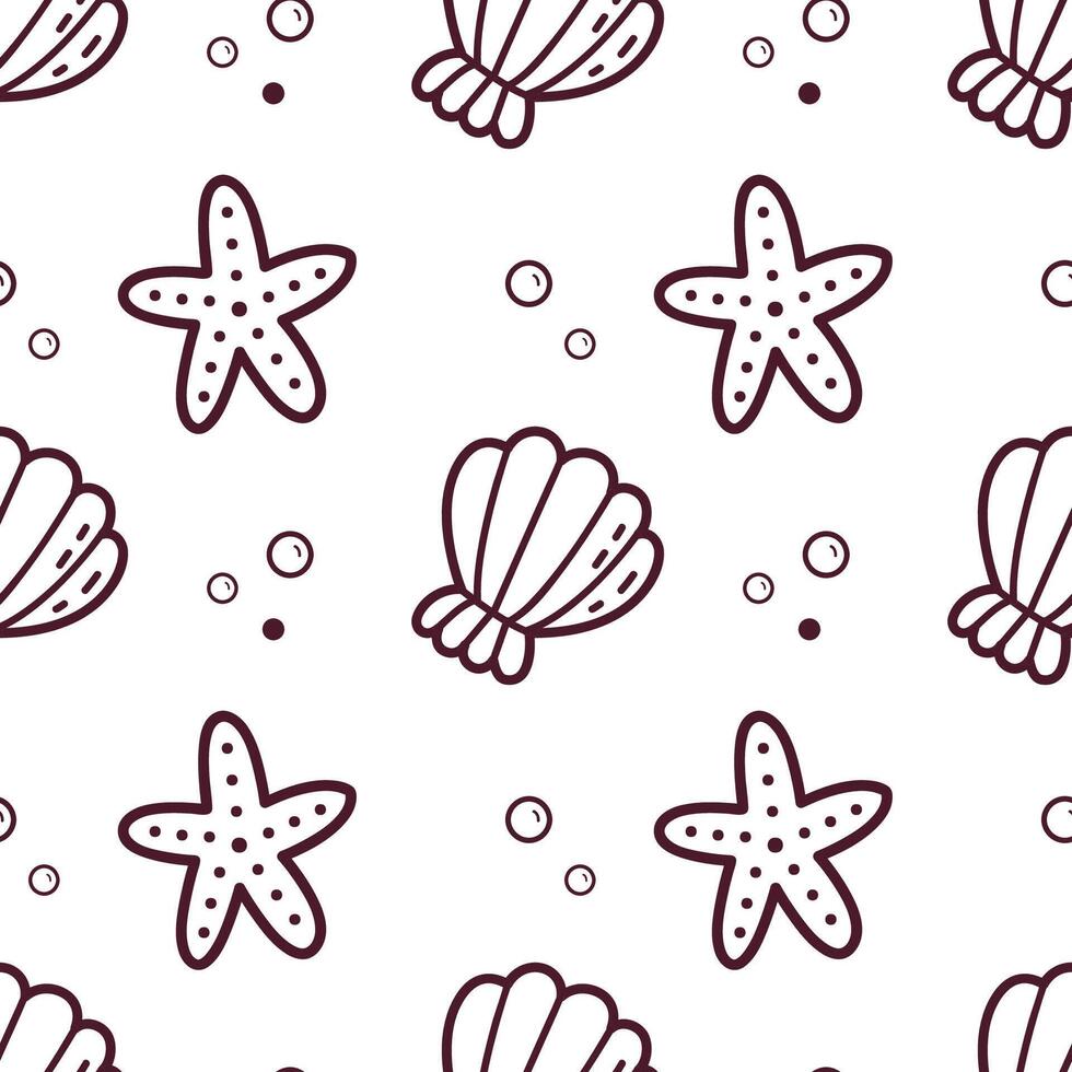 Seamless Marine Doodle Pattern with Starfish and Seashells vector