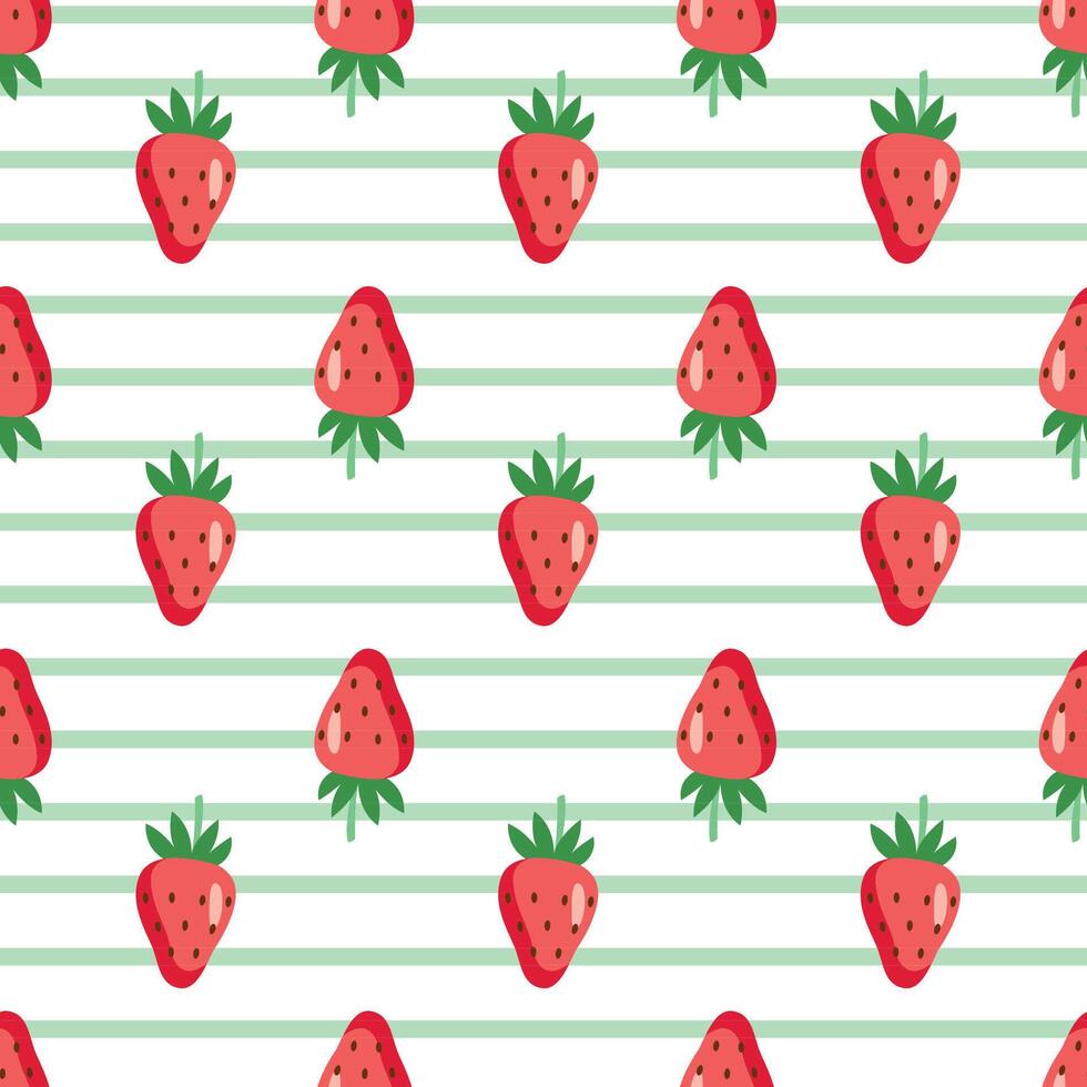 Seamless strawberry pattern on striped background in cute hand drawn style vector