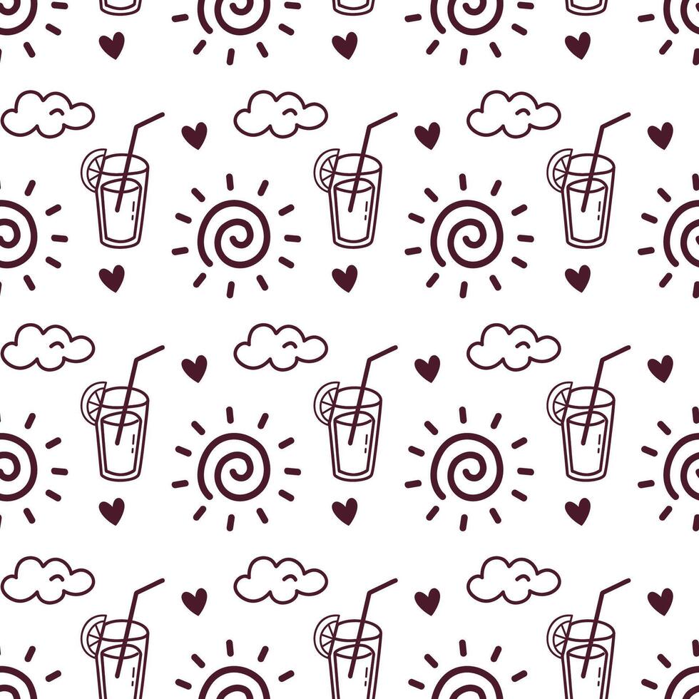 Seamless Summer Doodle Pattern with Sun, Clouds, Drinks and Hearts. Perfect for summer vibes and tropical designs. Great for textiles, wrapping, and digital use. vector