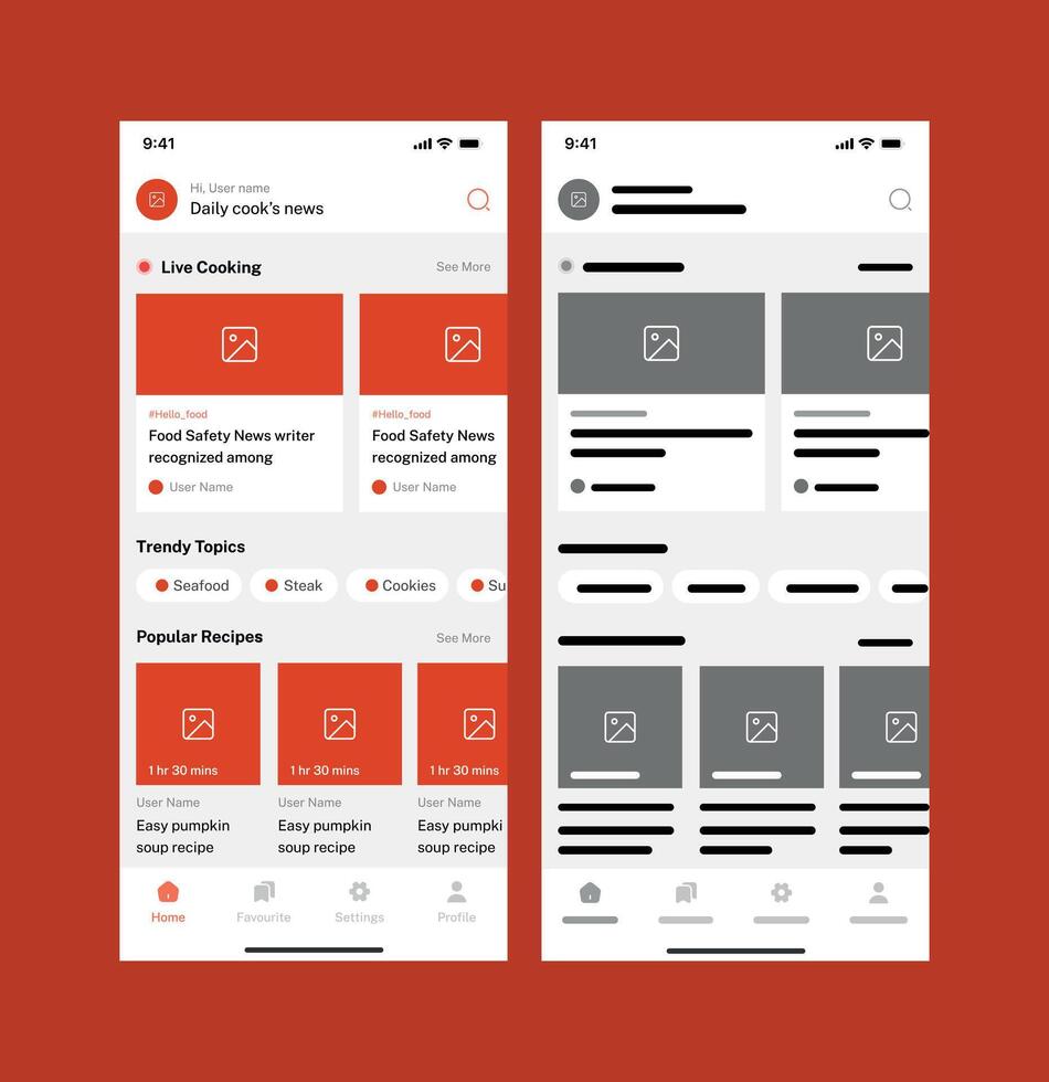Cooking Recipes App UI Kit Modern Home Screen Design with Wireframe Layout for Mobile App vector