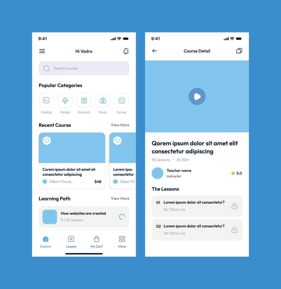Education online Course App UI Kit - Mobile Learning Interface Screens for E-Learning Platforms. Remote Learning, Course Lists, Progress Tracker, and Lessons UI Design vector