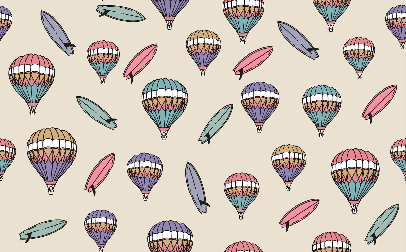 Hello Summer, pattern with air balloon, surfboard, hand drawn illustration. vector