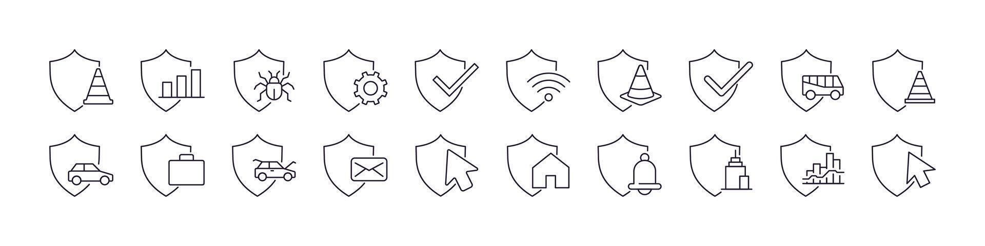 Shield, Defence, Insurance Line Icon Collection. Minimalistic Linear Pictogram for Web and Graphic Design, Apps, Banners, Social Network and Cards vector
