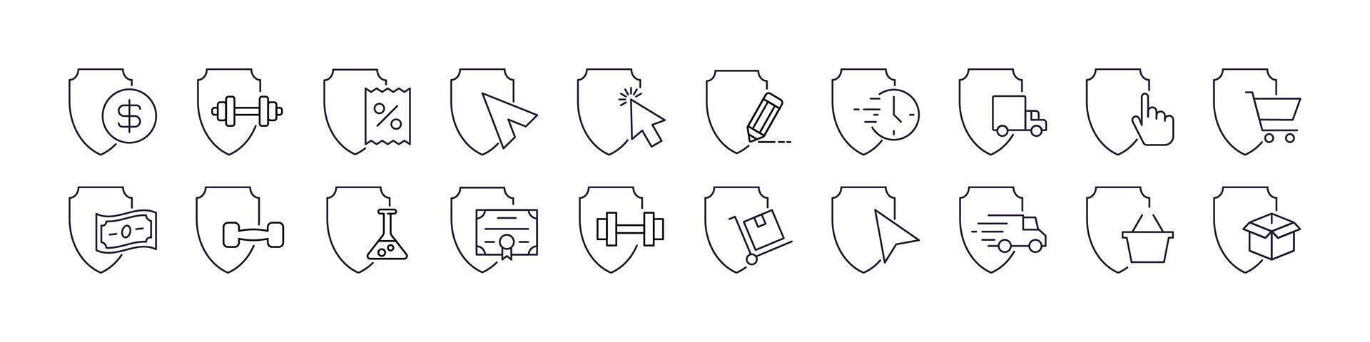 Money, Lab Flaks, Shopping etc by Shield Simple Isolated Line Icons Collection. Editable Stroke. Perfect for Web Sites, Books, Cards, Apps vector