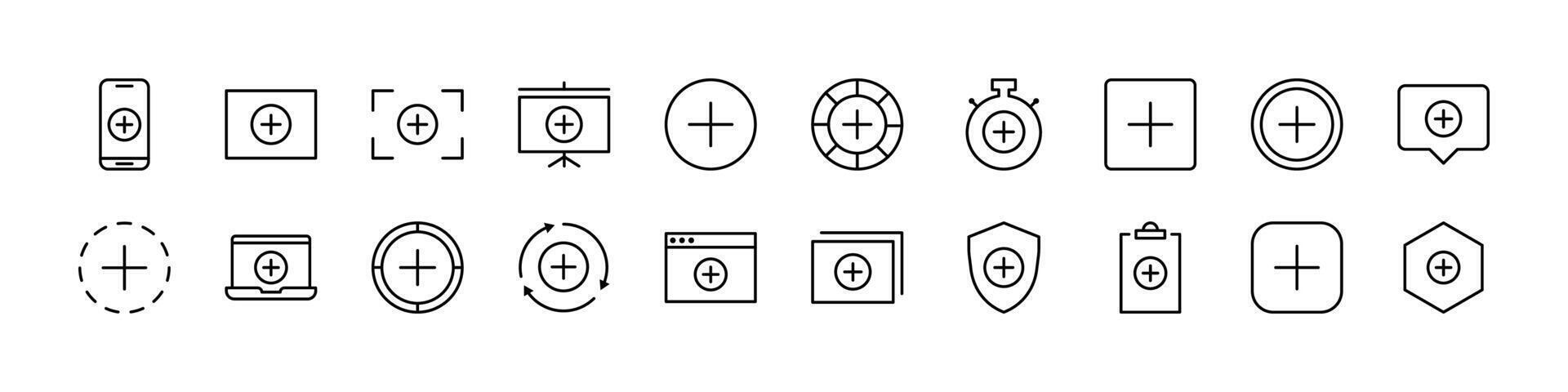 Plus or Add Bundle of Thin Icons. Editable Stroke. Perfect for Web Sites, Books, Cards, Apps vector