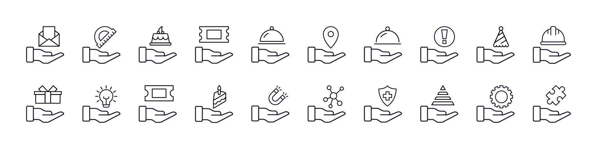 Helmet, Food, Mail etc on Hand Line Icon Collection. Outline Signs for Graphic and Web Design, Apps, Adverts, Various Cards vector