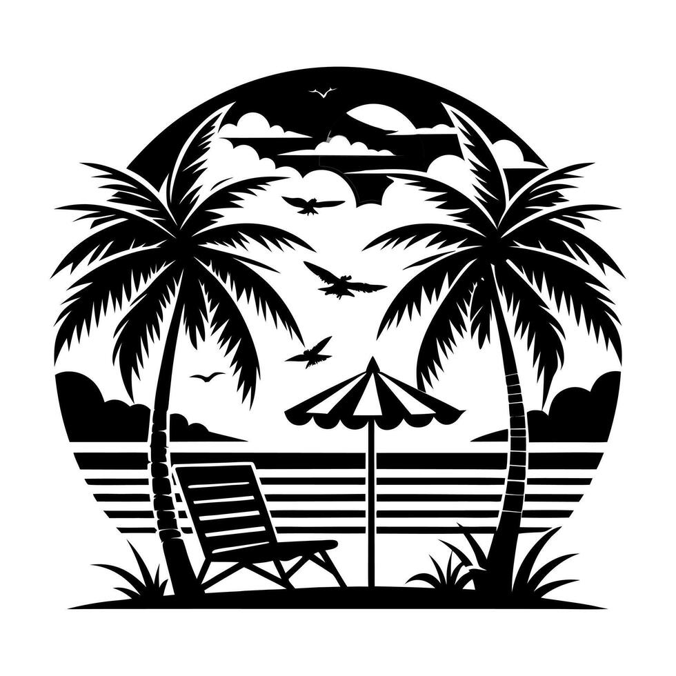 a black and white illustration of palm trees and a chair vector