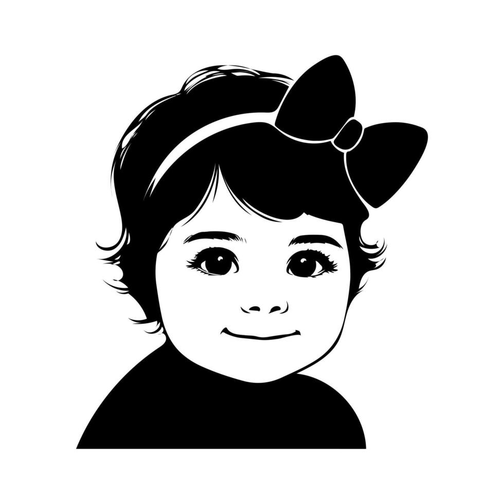 a black and white illustration of a little girl with a bow vector