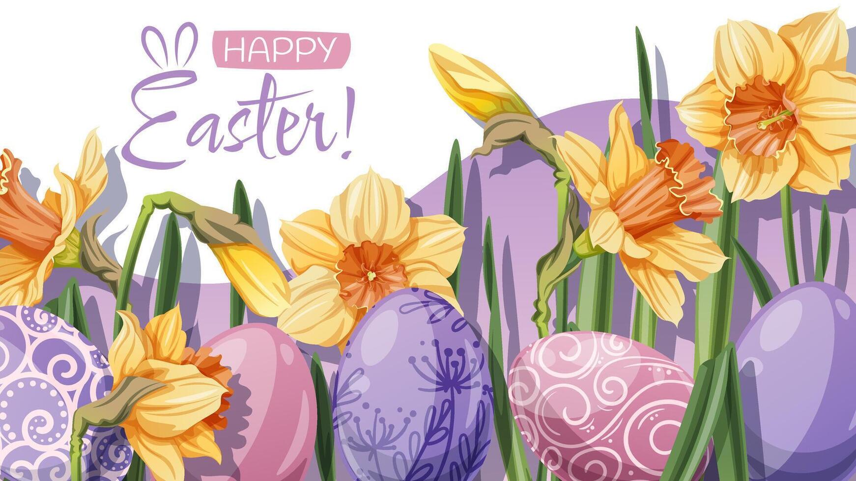 Happy Easter Banner Design with Colorful Easter Eggs and yellow daffodils. Background for Cards, Poster vector