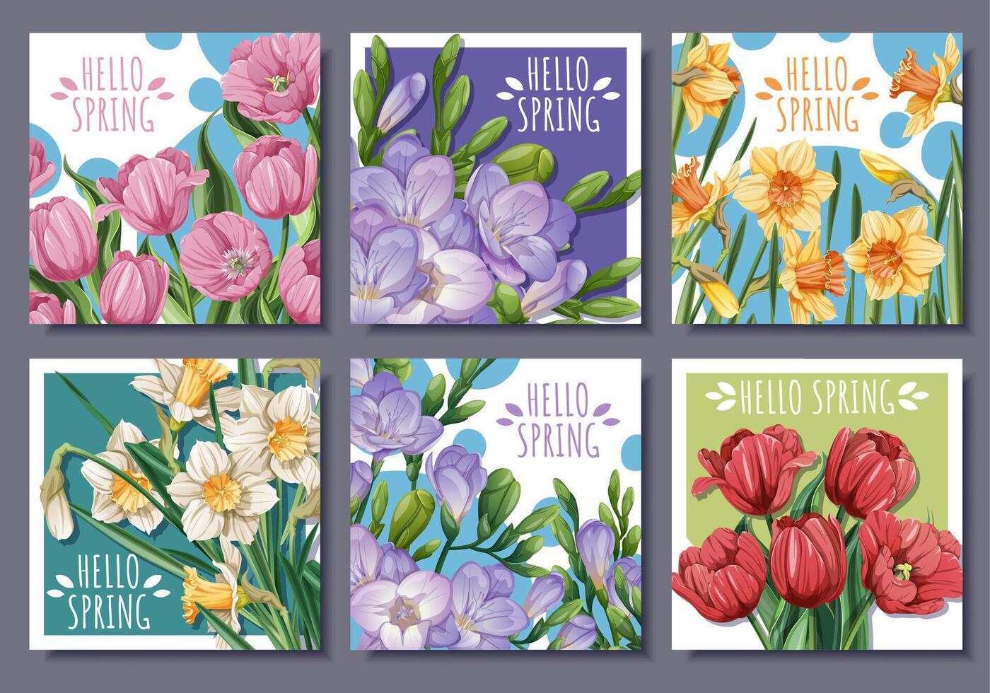 Spring Square Card Set with Tulip, Daffodil and Freesia Bouquets. Floral Greeting Design for Banners, posters, Social Media, Prints and Seasonal Decor vector