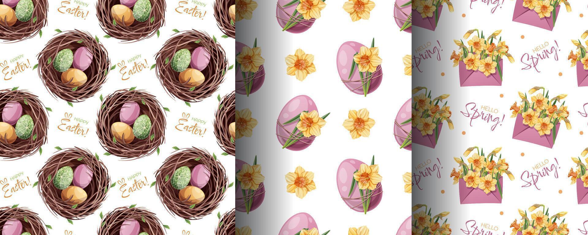 Happy Easter Seamless Pattern Set with Eggs in Nest and Daffodils. Spring Floral Background for Textiles, Wallpaper, Wrapping Paper and Holiday Decor. Cheerful Illustration vector