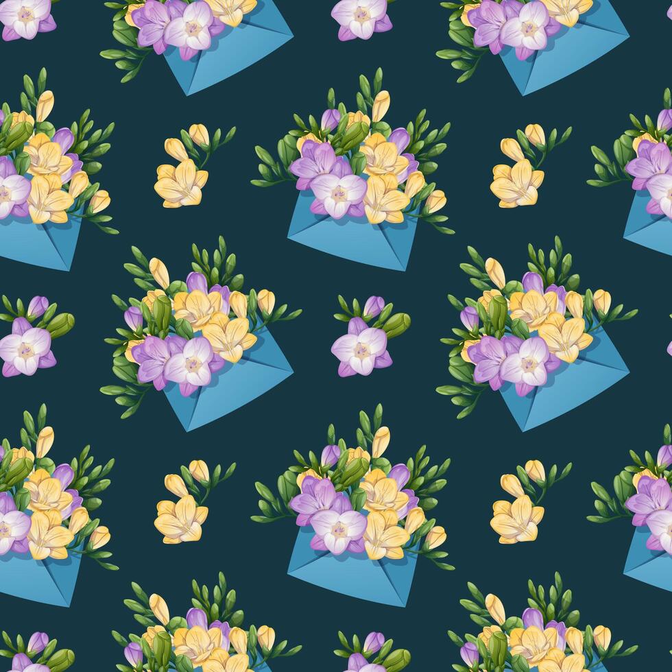Seamless Pattern with Envelopes Filled with Freesia. Delicate Floral Texture with Spring Flowers. Perfect for Fabric, Wallpaper, Wrapping Paper, and Scrapbooking. Ideal for Spring-themed Designs vector