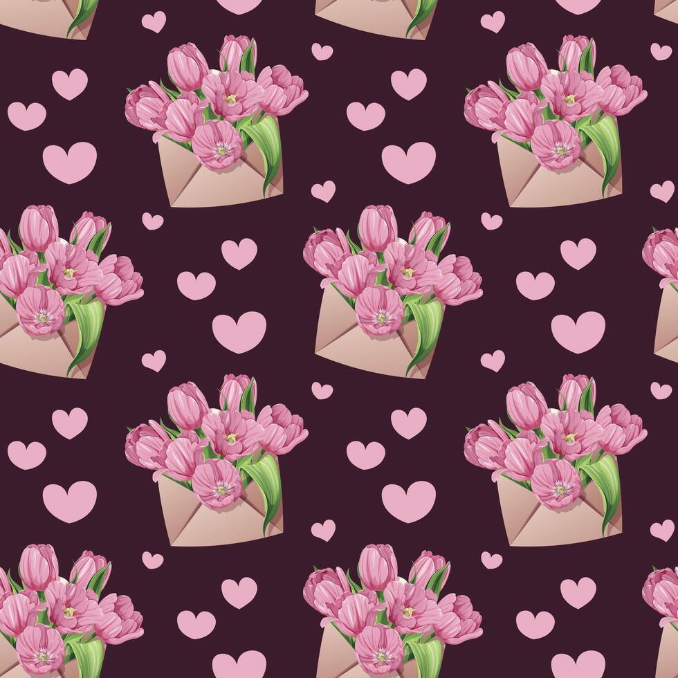 Seamless Pattern with Envelopes Filled with Pink Tulips. Delicate Floral Texture with Spring Flowers. Perfect for Fabric, Wallpaper, Wrapping Paper, and Scrapbooking. Easter and Spring Design. vector