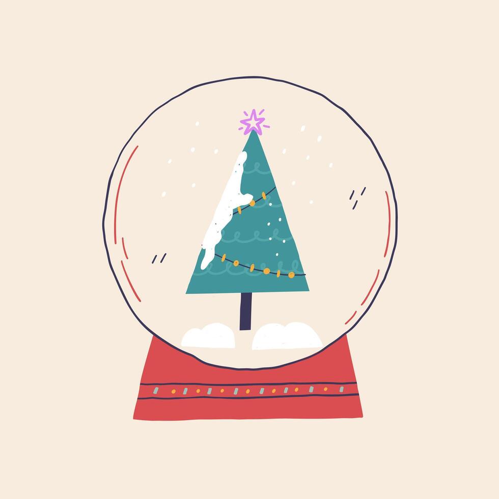 Snow globe with Christmas tree adorned with garland and star on top vector