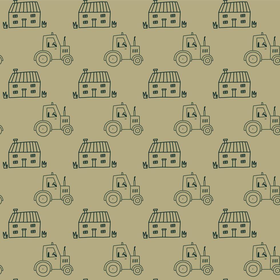 Farm House Tractor Village Pattern vector