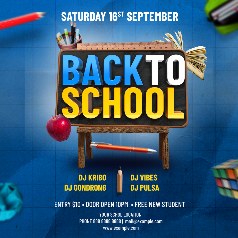 Blue 3D text with Blackboard Back To School Party Social Media Post psd