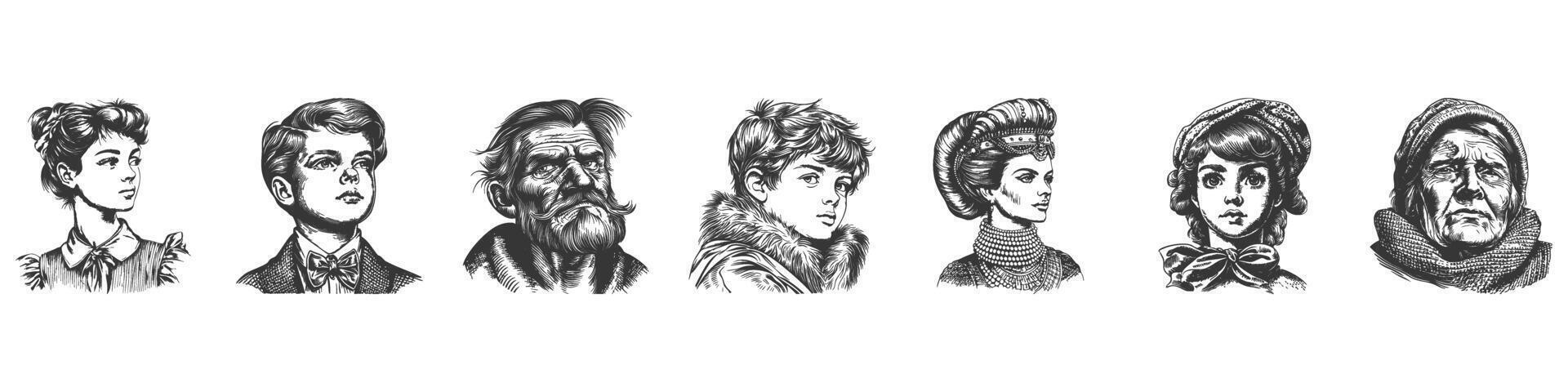 Vintage Portrait Collection Of Diverse Characters. Historical Fashion And Expression In Hand Drawn Sketch Style. Isolated Illustration vector