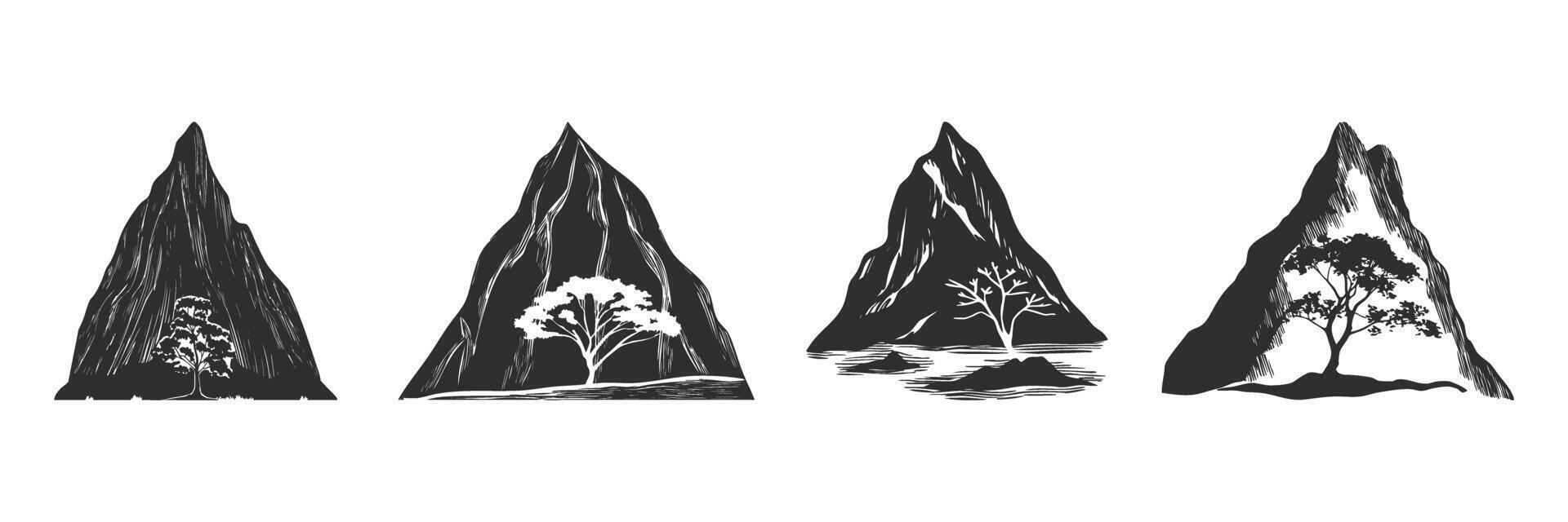 Mountain And Tree Silhouettes Set. Nature And Landscape Elements Isolated Illustration Collection vector