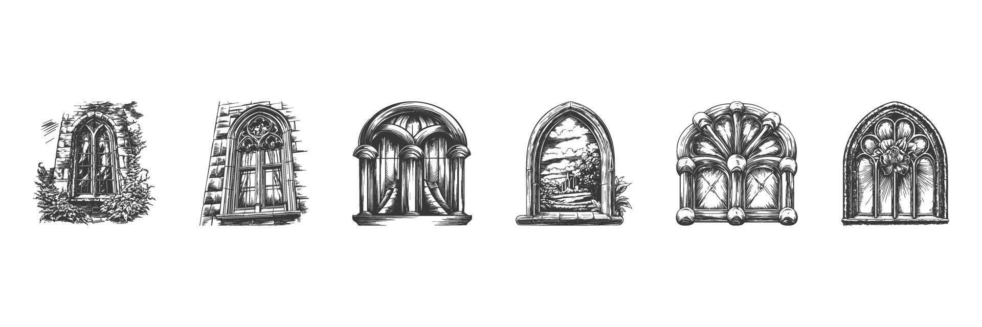 Gothic And Romanesque Window Designs Illustration Set In Vintage Style. Architectural Heritage And Historical Aesthetics In Hand Drawn Sketch Style. Isolated Illustration vector