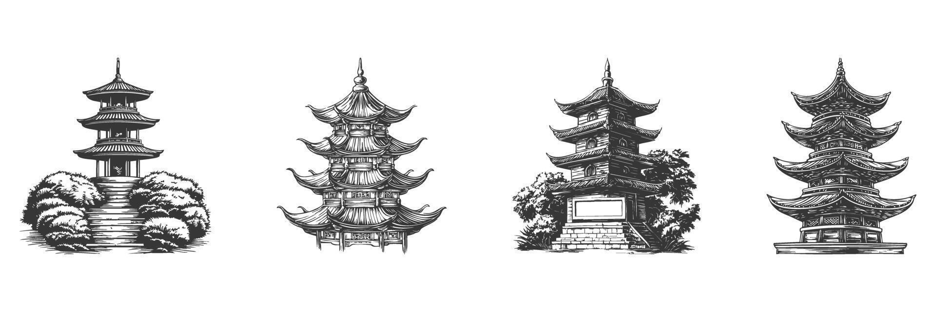 Pagoda Architecture Illustration Set In Vintage Style. Cultural Heritage And Traditional Asian Design In Hand Drawn Sketch Style. Isolated Illustration vector