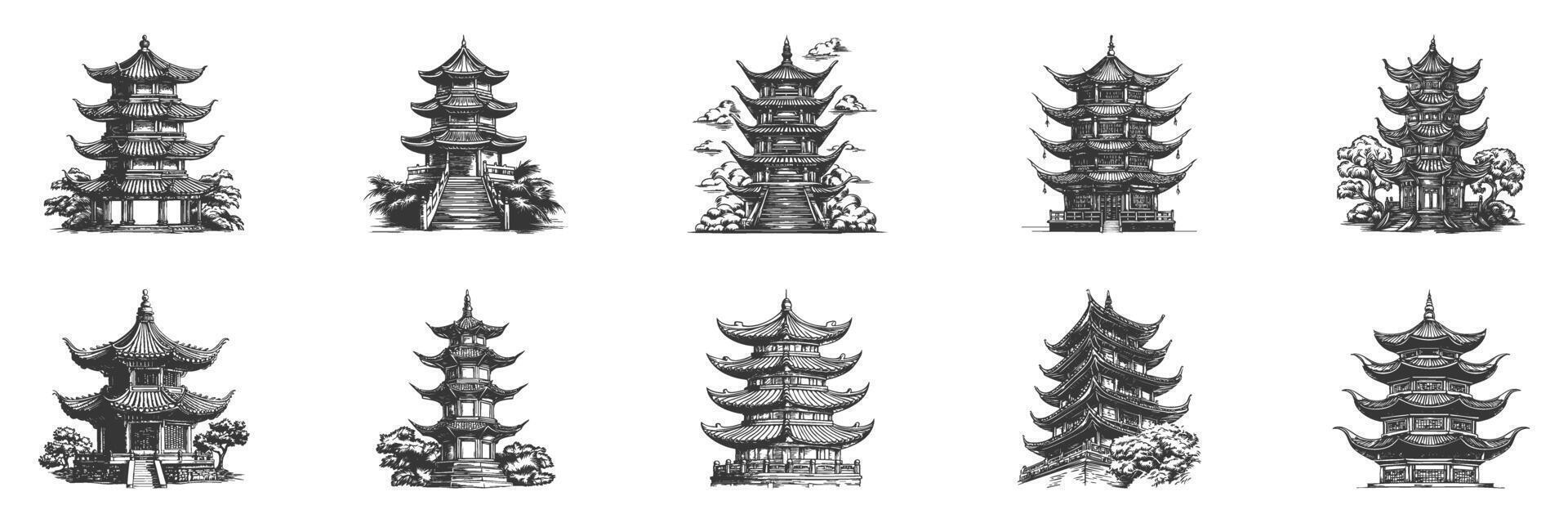 Traditional Asian Pagoda Illustrations Set In Vintage Style. Architectural Heritage And Cultural Symbolism In Hand Drawn Sketch Style. Isolated Illustration vector