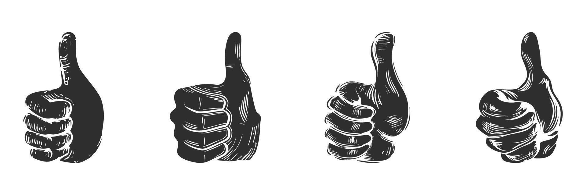 Thumbs Up Hand Gesture Silhouette Set. Positive Approval And Agreement Symbol Isolated Illustration Collection vector