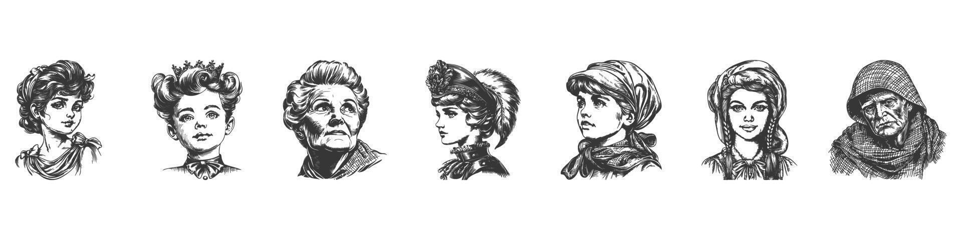 Vintage Portraits Of Diverse Individuals Across Ages. Illustrating Historical Fashion And Expressions In Hand Drawn Sketch Style. Isolated Illustration vector